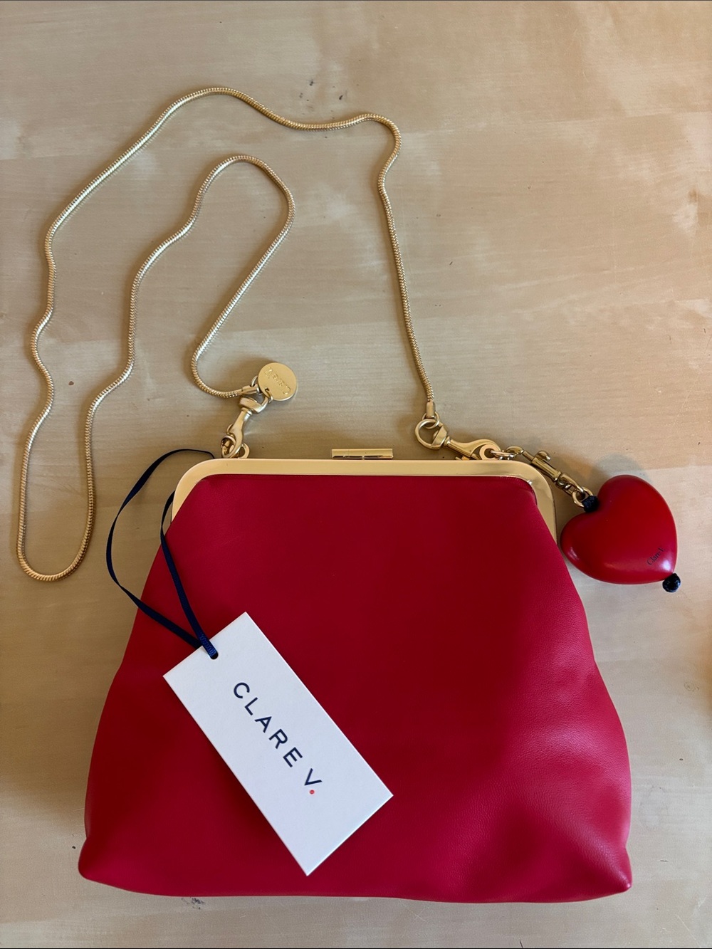Clare V Flore Red Leather Frame Clutch with Gold Trim and Heart Charm